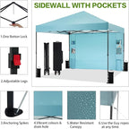 10'x10' Pop Up Canopy Tent with 1 Sidewall and 6 Pockets, One Push Setup, Instant Shade Tent with Vented Roof for Beach Patio Outdoor, Case, 8 Stakes, 4 Ropes, 4 Sandbags (Cyan, 10x10)