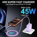 Phone 17 16 Pro Max Charger Fast Charging, 45W USB C Phone 17 16 Super Fast Charger Block with 10ft Long Type C Charging Cable Cord for i.Phone 17 Pro Max/17 Pro/17 Air/17/16/16Pro/16 Pro Max-Lavender