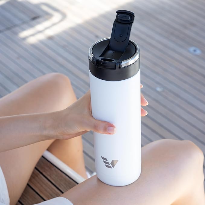 Maxi Stainless Steel Water Bottle 26oz - Double wall vacuum insulated | Integrated carry handle | leak proof flip top lid | Lightweight & stylish - White