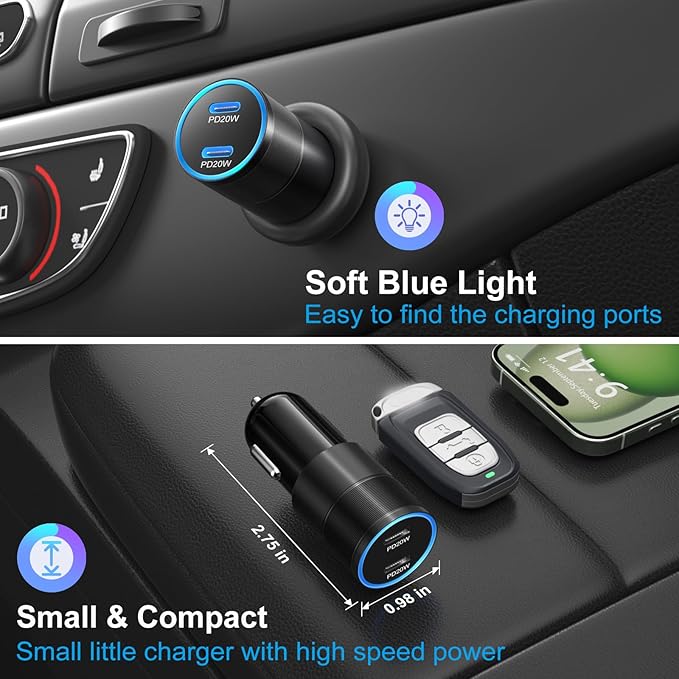 40W USB C Car Charger, Bangfun 2 Pack Dual 12V USB C Port Car Charger Cigarette Lighter Adapter (Black)