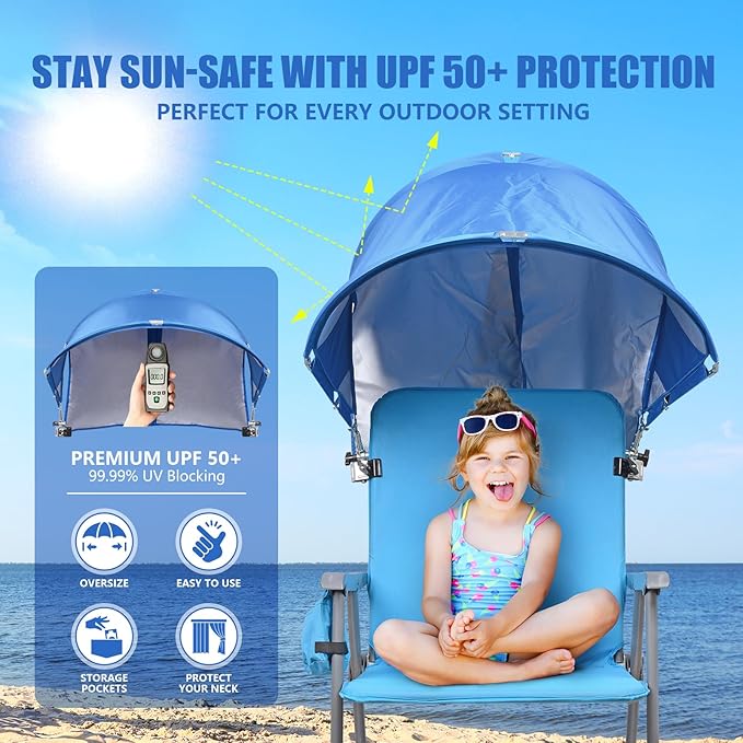 XL Universal Chair Canopy Umbrella, UPF 50+ Foldable Sun Shade Attachment with Adjustable Clamp, Fits Most Brands’ Beach, Camping, Lawn, Tanning, Zero Gravity, Lounge & Fishing Chairs