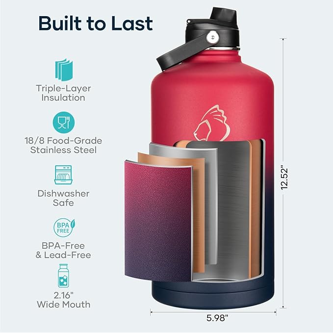 128oz Insulated Water Bottle, BUZIO Gallon Water Jug with Straw Lid and Carrying Sleeve (Cold for 48 Hrs) Stainless Steel Hydro Metal Canteen Water Flask, Ruby Red Navy