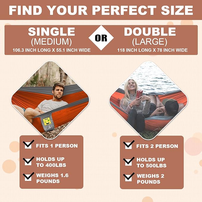SZHLUX Camping Hammock Double & Single Portable Hammocks with 2 Tree Straps, Great for Hiking,Backpacking,Hunting,Outdoor,Beach,Camping,Orange / Grey