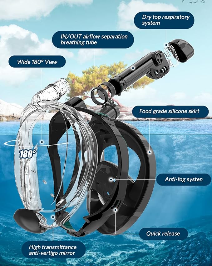 QingSong Full Face Snorkel Mask for Adults, Snorkeling Gear with Camera Mount, 180 Degree Panoramic View Snorkel Set Anti-Fog Anti-Leak