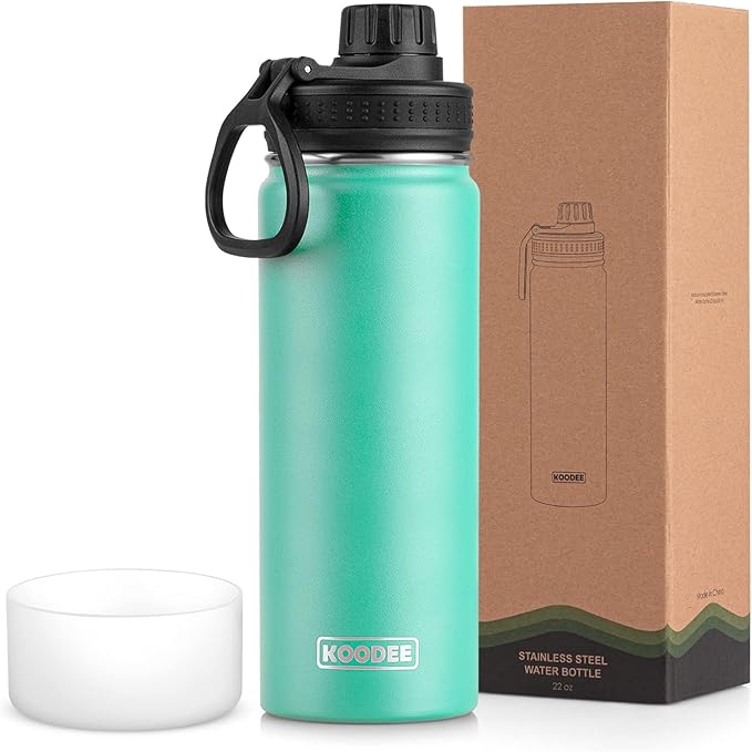 koodee Insulated Water Bottle, 22 oz Stainless Steel Double Wall Vacuum Wide Mouth Sport Bottle with Leakproof Spout Lid (Teal)