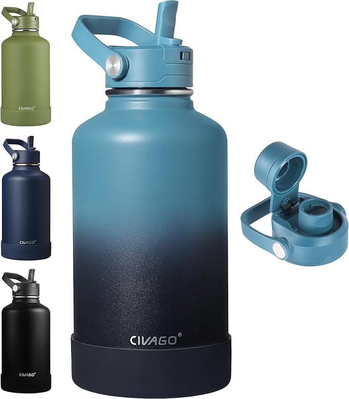 CIVAGO 64 oz Insulated Stainless Steel Water Bottle with Detachable Straw, Large Half Gallon Water Jug with Bucket Handle, Big Metal Leakproof Flask with Silicone Boot, Dishwasher Safe, Indigo Black