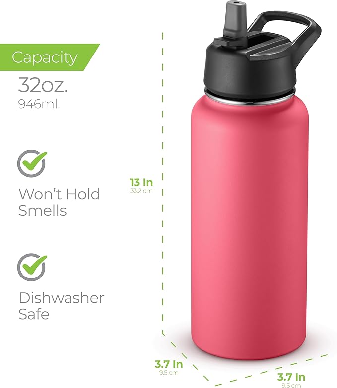 SipX™ Triple-Insulated Stainless Steel Water Bottle 32oz. With 3 Lids, BPA-Free Reusable Insulated Water Bottle Keeps Cold 24 Hours, (Red)