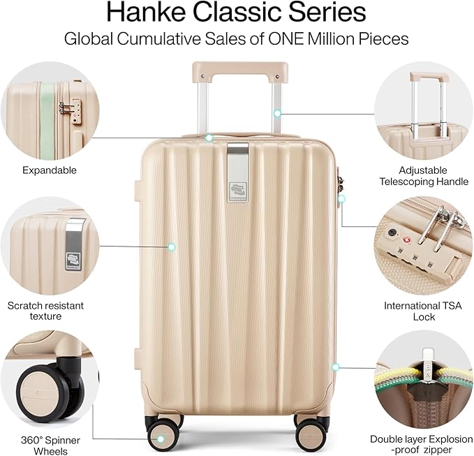 Hanke 24 Inch Expandable Checked Luggage Lightweight PC Hard Shell Luggage Suitcases with Wheels Travel Luggage Rolling Large Suitcase Travel Luggage Bag for Go to University.(Cuba Sand Pink)