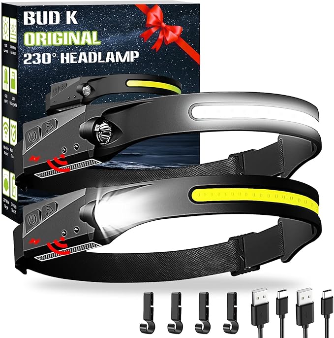 Rechargeable Headlamp 2Pack, 230°Wide Beam Headlamp for Adults, LED Headlamp with Clips-Camping Gear, 6 Modes, Motion Sensor, Head Lamp Flashlight for Cycling, Running, Fishing, Camping