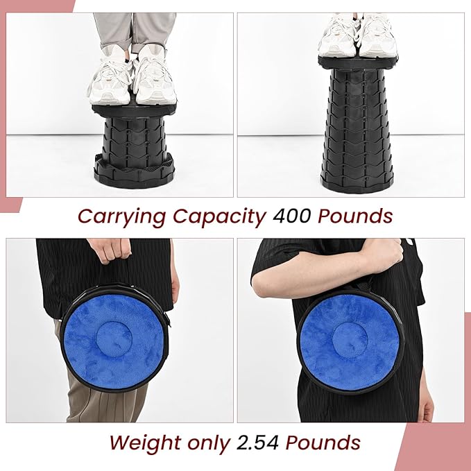 2 Pack Upgraded Collapsible Stool Folding Stool with Cushion,Retractable Folding Stool Max Load Capacity 400lbs, Portable Telescoping Stools for Camping Hiking Outdoor BBQ -Black