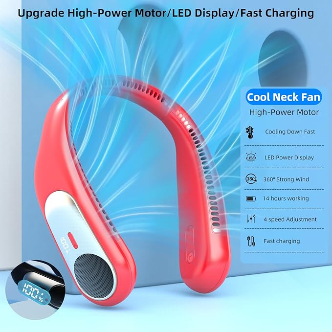 Portable Neck Fan,Personal Wearable Bladeless Fan,LED Display,4-Speeds,6000mAh USB Rechargeable,360° Strong Cooling Wind,Hands Free,Long Lasting,Birthday Gifts for Men Women Dad Mom (Red)