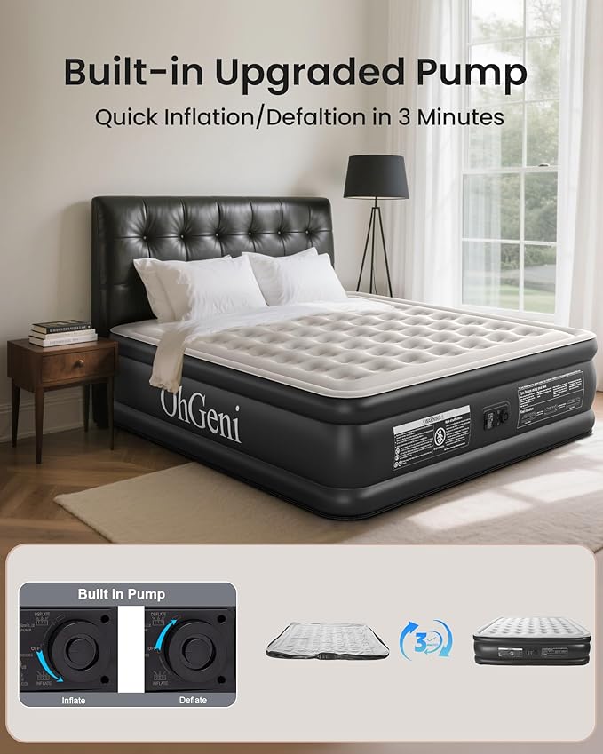 OhGeni King Air Mattress Family Choice Award with Built-in Pump,18'' Comfortable Blow Up Colchones Inflables Mattress for Home,Guests, Portable Air Bed for Adults, Airbed Supports Up to 650 lbs,Black