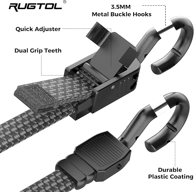 Bungee Cords with Hooks, 80 Inch Long Adjustable Flat Bungee Straps with Upgraded Quick Release Buckle, Rubber Black Easy Adjust Elastic Cords with Metal Hooks for Outdoor, Tarp, 6 Pack