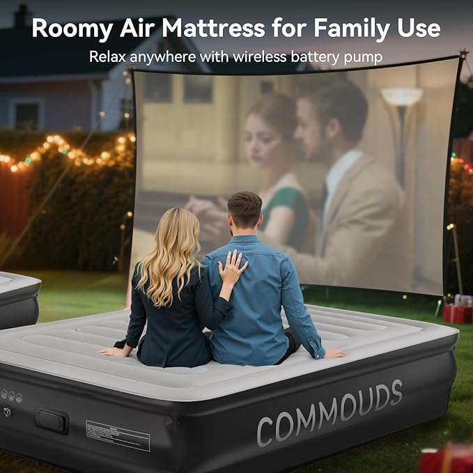 COMMOUDS Queen Air Mattress with 2000mAh Battery Powered Pump, 18" Raised Inflatable Mattress, Portable Blow up Mattress, Air Bed for Camping, Home and Guest