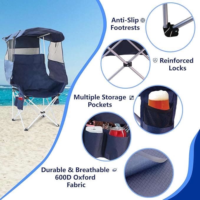 Folding Camping Chairs Canopy Outdoor: Sports Portable Beach Chair with Canopy-Lawn Beach Chairs with Umbrella for Adults-Camping Chair with Shade for Fishing Camp Heavy Duty (Regular, Navy Blue)