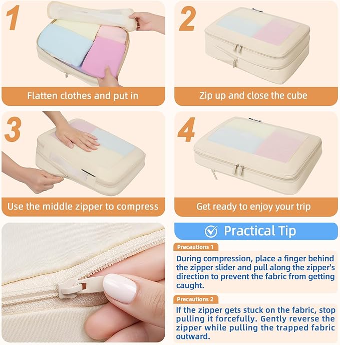 BAGAIL 4 Set/6 Set/8 Set Compression Packing Cubes Travel Accessories Expandable Packing Organizers (Square Mesh, 06-Beige)