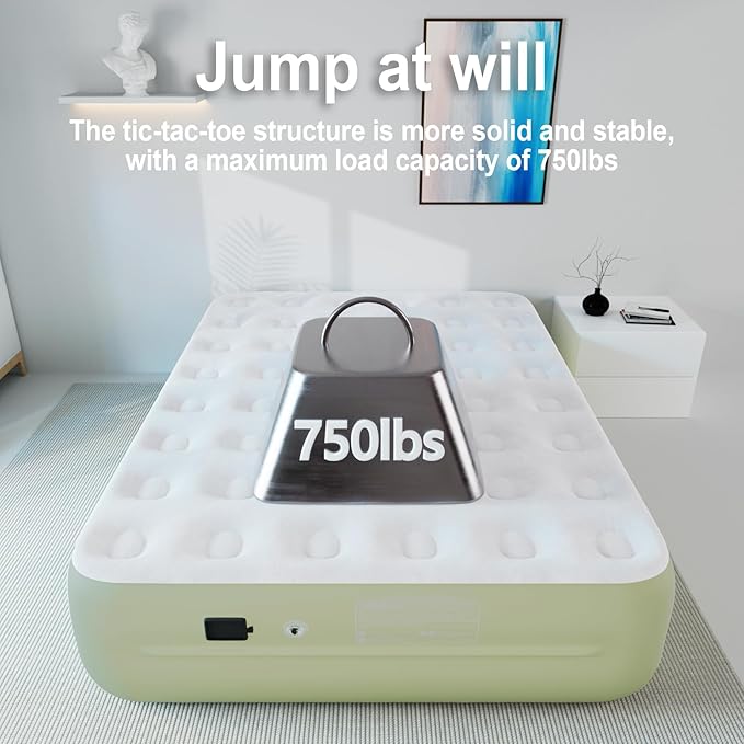 Air Mattress with Battery Pump, Rechargeable USB-C Electric Pump, Dutch Velvet Surface Self Inflatable Mattress Queen, Portable Air Bed for Camping, Indoor and Outdoor (18" Green)