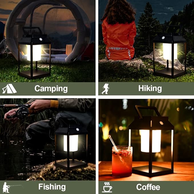 Solar Outdoor Lantern Aluminum LED Portable Rechargeable Table Lamp 35W 3000K Outdoor Nightstand Lamp IP44 Waterproof Cordless Touch Control USB Solar 2 in 1 Hand Light for Patio, Black