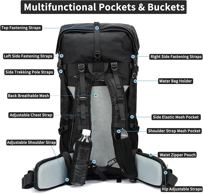 Hiking Backpack,30L +10L Extra Large Capacity Hiking Bag,Internal Frame Camping Backpack,Upgraded X-PAC Lightweight Sport Daypack Travel Backpacks Fit For Mountain Climbing Camping (Black)