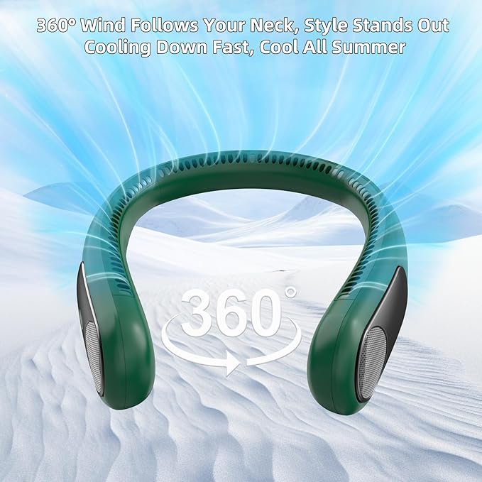 Portable Neck Fan,Personal Wearable Bladeless Fan,LED Display,4-Speeds,6000mAh USB Rechargeable,360° Strong Cooling Wind,Hands Free,Long Lasting,Birthday Gifts for Men Women Dad Mom (Dark green)