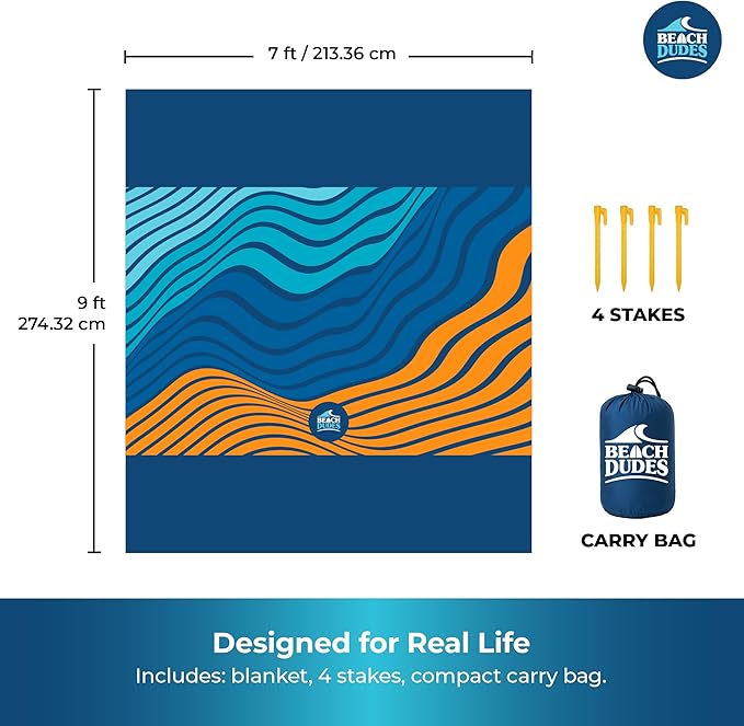 Sandproof Waterproof Beach Blanket Extra Large 108"x 84", Mat for Family, Quick Dry Ripstop Nylon Lightweight, Compact for Travel, Picnic, Camping w/ 4 Anchor Stakes and Carry Bag