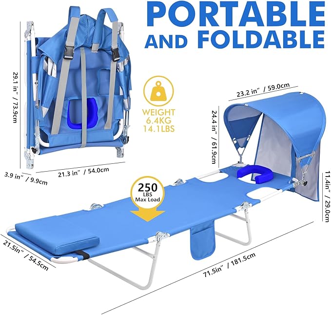 Backpack Beach Tanning Chair with Canopy and Face Hole, 6-Position Folding Lay Out Lounge Chair, UPF 50+ Wind-Resistant Sun Shade, Portable Recliner for Sunbathing, Outside, Poolside, Lawn, 2Pack