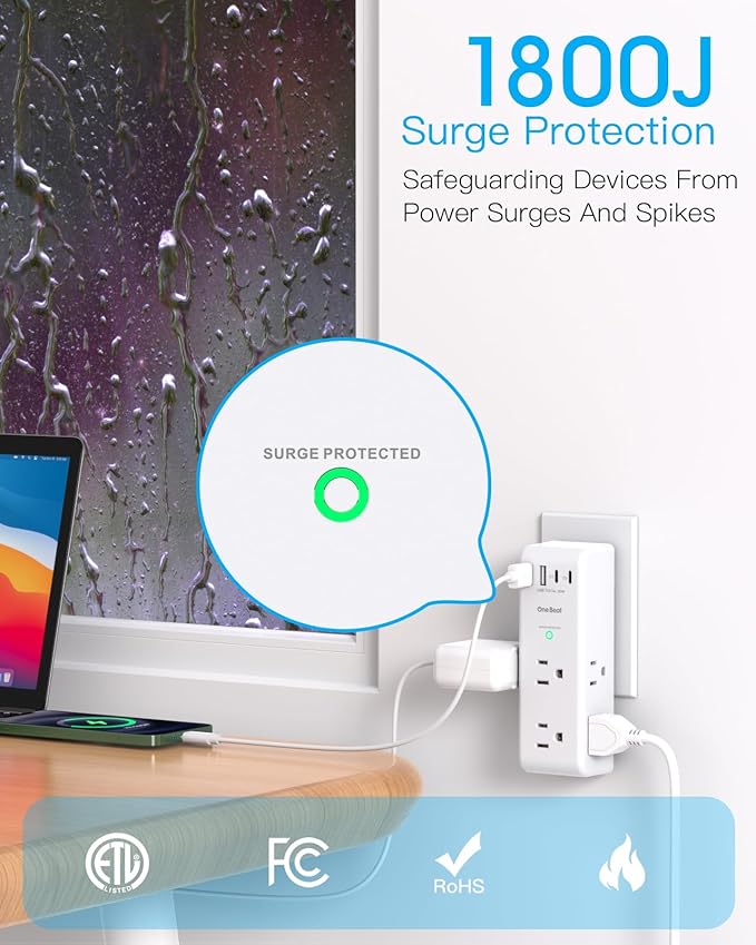 PD 30W Surge Protector Outlet Extender, Rotating Plug, One Beat 6 AC Multi Plug Outlet with 4 USB Ports (2 USB C), 1800J, 3-Sided Swivel Power Adapter with Spaced Outlet Splitter for Home Office Dorm