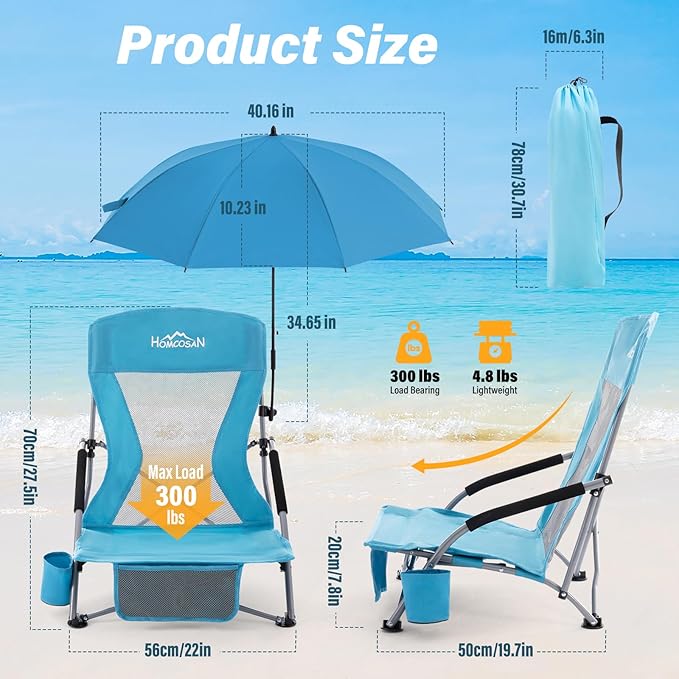 Homcosan Portable Low Folding Beach Chairs Set of 2 with Detachable Umbrellas - Lightweight Camping Chairs for Adults with Cup Holder & Storage Pockets, Carry Bag Included (Blue)