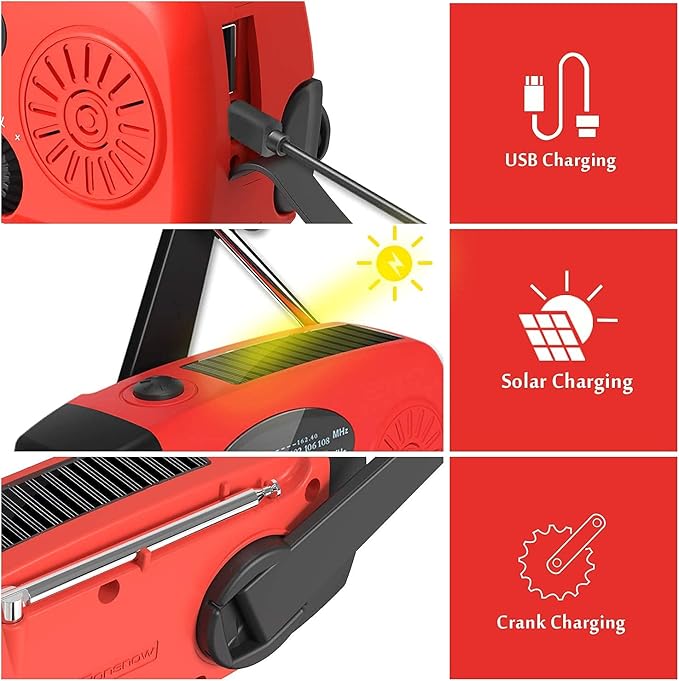 Solar Emergency Hand Crank Weather Radio, Portable Self Powered NOAA AM/FM Radios with SOS Alarm LED Flashlight 2000mAh Smart Phone USB Charger for Camping (Red)