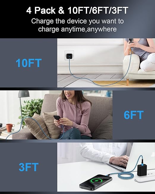 4 Pack/6FT Android Charger Fast Charging, Android Charging Cable for iPhone 17e/17/16e/16 Pro/16 Pro Max/16 Plus/15 Pro Max/15Pro/15 C to C Cord Auto Car Charger Galaxy S26 S25 Ultra S24 Plus A16 A17