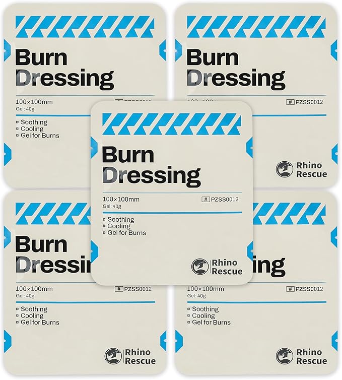 Rhino Rescue 5 Pack 4" X 4" Burn Dressing, Burn Gel Cooling Soothing Cream Relief Burn First Aid Supplies (5)