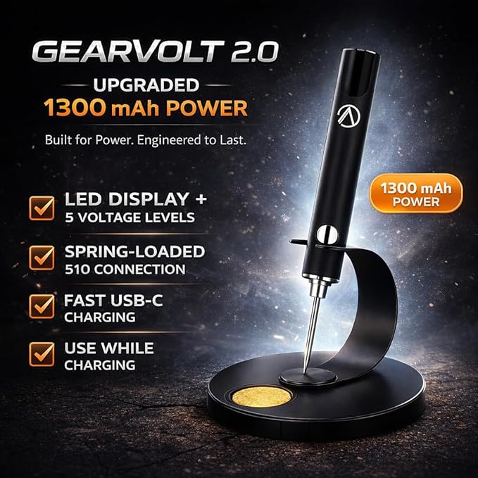 510 Threaded USB-C Soldering Battery – 1300 mAh, Fast Charging, LED Power Display, 5 Adjustable Voltage Modes, High-Output Control – (VENOM BLACK)