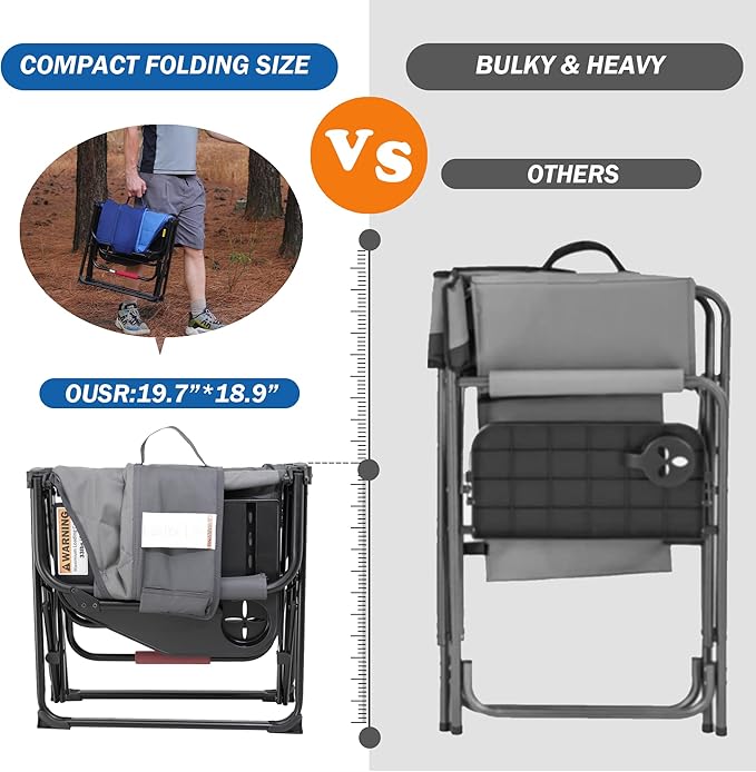 Camping Folding Chairs for Outside, Foldable Camp Chairs for Adults Heavy Duty, Oversized Directors Camping Chair with Table for Picnic, Lawn Large Comfy Camping Chair, 350 LBS Capacity, Blue