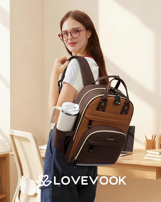 LOVEVOOK Laptop Backpack Women with Tumbler Holder,15.6 inch Work Travel Backpack Computer Laptop Bag,Cute College Nurse Teacher Backpack Purse,Gifts for Women & Men,Brown-Yellowish-brown-Coffee brown