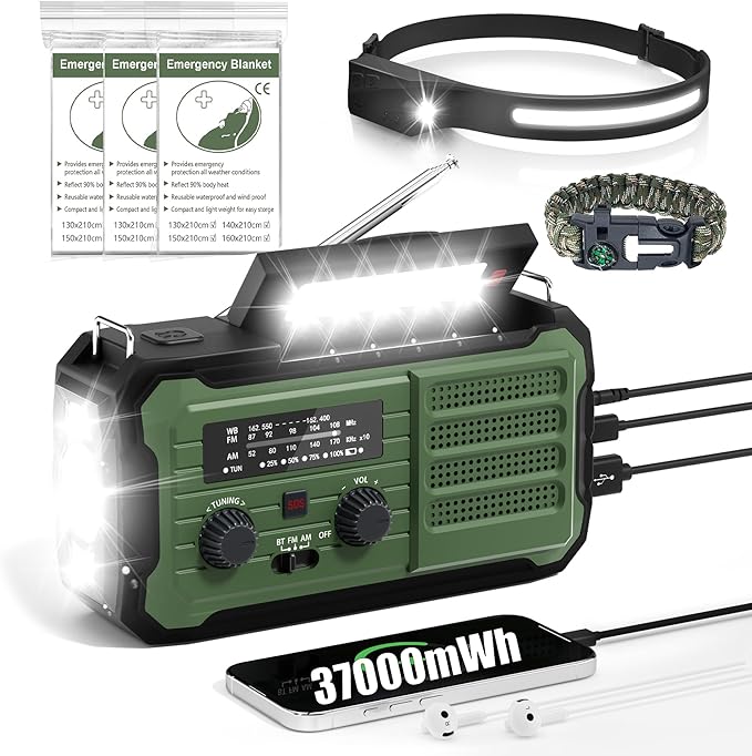 Emergency Radio Hand Crank Solar, 10000mAh/37000mWh Emergency Weather Radio, Hand Crank Solar Radios with NOAA/AM/FM, Rechargeable Headlamp, Thermal Blanket, Survival Bracelet, for Home & Outdoor