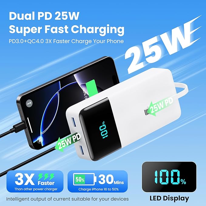 Portable Charger 50800mAh Power Bank with 3 Built in Cable,25W PD QC4.0 Fast Charging USB C Battery Pack,6 Output 2 Input LCD Display Portable Phone Charger for iPhone 16/15/14,Google,Android, White