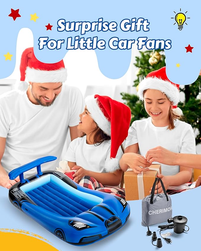 Inflatable Toddler Travel Bed with Safety Bumpers & 2 Mins Auto Inflation Pump, Portable Toddler Kids Air Mattress with Carry Bag for Home Grandma's Sleepovers Travel Camping, 330lbs Support