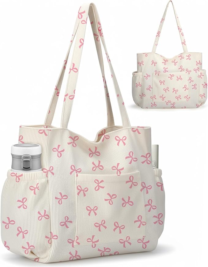 Corduroy Tote Bag for Women,Large Capacity Cute Tote Bags With 6 Pockets,Crossbody Shoulder Handbag for Work Travel Gym