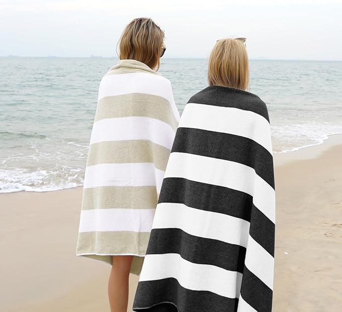 CLOWOOD Plush Oversized Beach Towel - Cotton 40 x 70 Inch Large Thick Black Striped Cabana Pool Swimming Towel