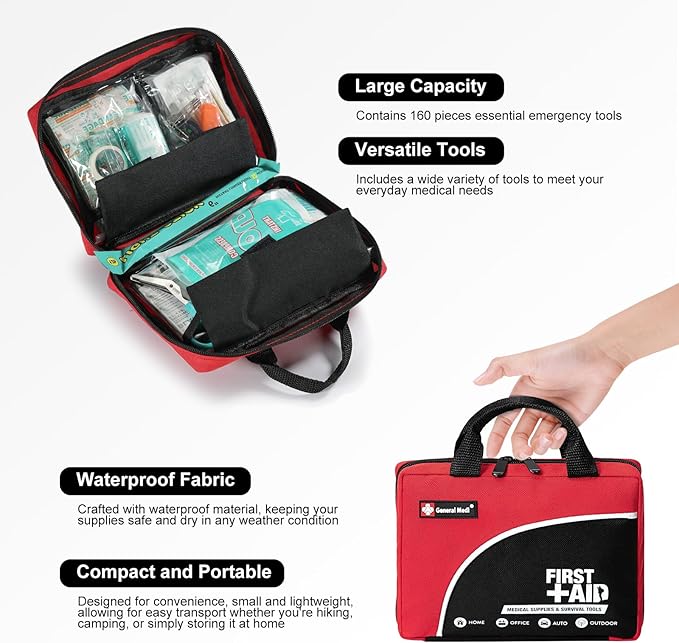 First Aid Kit -160 Pieces Compact and Lightweight - Including Cold (Ice) Pack, Emergency Blanket, Moleskin Pad,Perfect for Travel, Home, Office, Car, Camping, Workplace (Red)