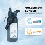 Insulated Water Bottle 32 oz, Triple Wall Vacuum Stainless Steel (Cold for 48 Hrs), Leak Proof & Non-BPA, Modern Water Flask Jug with Paracord Handle & Straw Spout Lids, Dark Grey