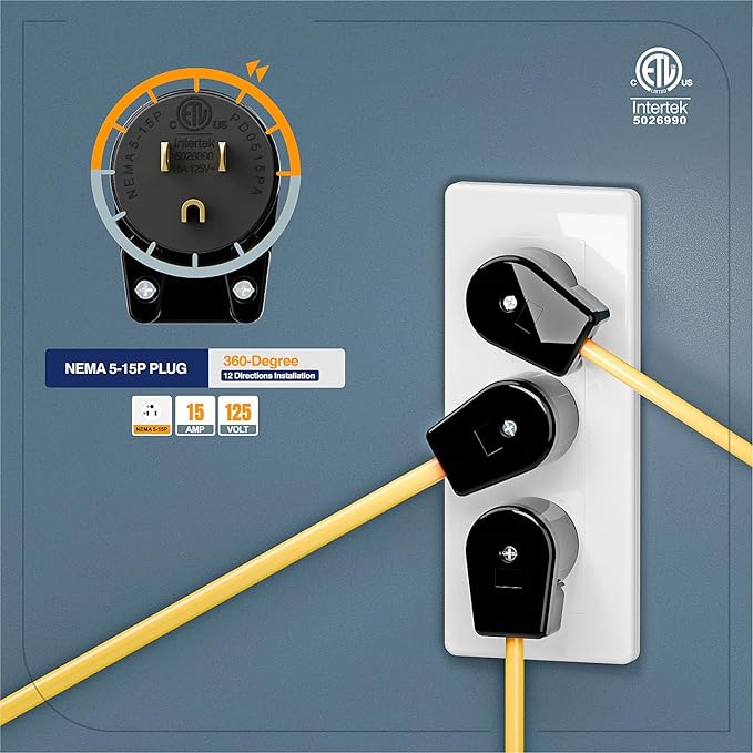 (5PACK) ETL Listed 90 Degree USA Canada Male Plug Nema 5-15P 3 Pole Angle DIY Plug, 15A 125V USA 3Pin Right Angle AC Plug
