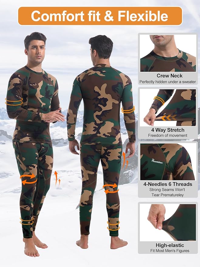 romision Thermal Underwear for Men Long Johns Fleece Lined Hunting Gear Bottom Top Set Base Layer for Cold Weather Gift