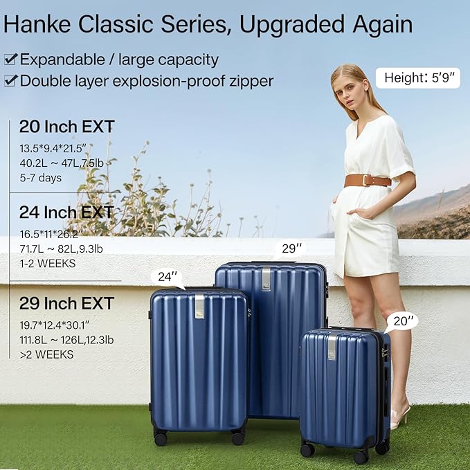 Hanke Expandable Hard Shell Luggage Sets 2 piece Carry on Luggage with Wheels Suitcases Lightweight Checked Travel Luggage Rolling Large Suitcase Travel Luggage Bag Woman Men 20/29 Inch(Dark Blue)