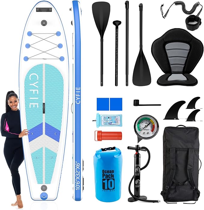 CYFIE 10'6''Inflatable Stand Up Paddle Board, Paddle Boards with Premium SUP Paddle Board Accessories, Removable Kayak Seat and Camera Mount for Yoga, Kayaking, Surf, Fishing
