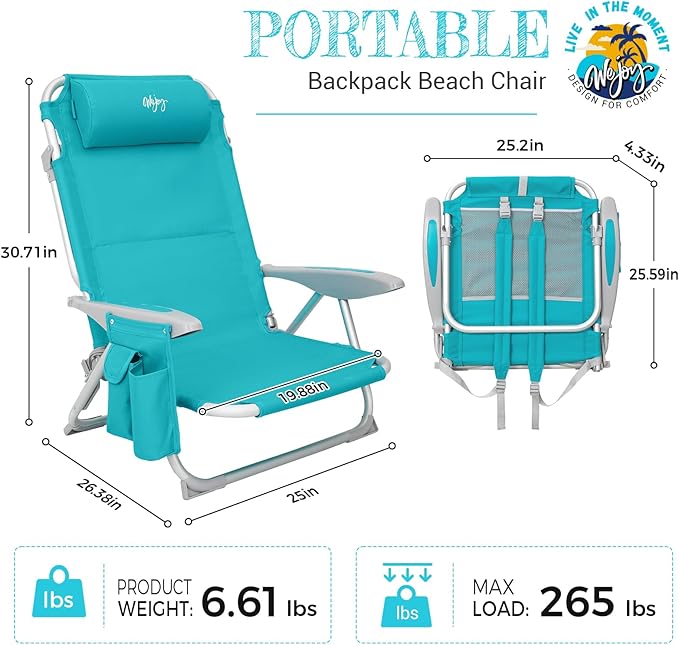 #WEJOY Folding Beach Chair for Adults, 4-Position Aluminum Lightweight Beach Chair, Low Sands Chairs with Shoulder Strap, Cup Holder and Padded Headrest, Supports 265lbs for Lawn