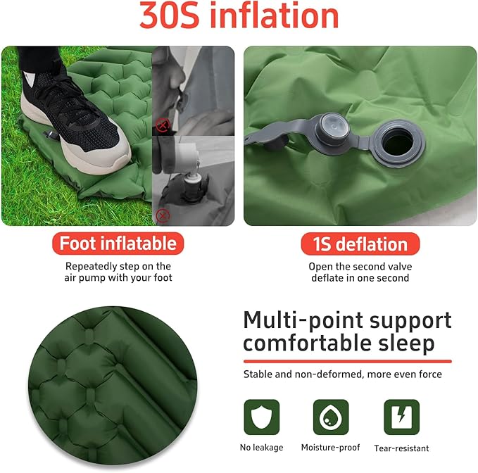 Camping Sleeping mat and Inflatable Pillow - Set, Portable, Ultra-Light, Thickened, Quick to inflate in 30s, can be Spliced. Suitable for Backpacking, Hiking, Camping and Other Scenes