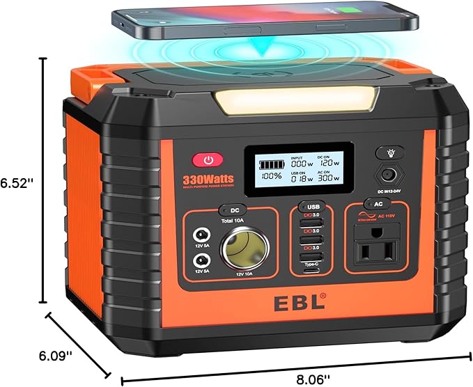 EBL Portable Power Station 300, 110V/330W Pure Sine Wave Solar Generator (Solar Panel Not Included) - Surge 600W Backup Lithium Batteries AC Outlet for Blackout Outdoors Camping Hunting Travel