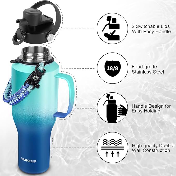 Water Bottle 40oz, Insulated Water Bottle with Handle & Straw Lids, Stainless Steel Water Bottle Fits in Any Car Cup Holder, Travel Cup Double Wall BPA-Free Leak-proof to Keep Cold &Hot