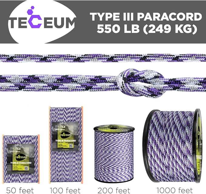 TECEUM 5/32" Paracord Rope 1000 – 1000ft / 200ft / 100ft / 50ft – Tactical Parachute Cord 4mm – 45+ Colors – Nylon String for Survival & Camping Gear – Stripe Cord for Survival – Utility Rope